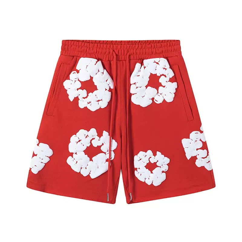 3D Foam Floral Wreath Print Sweat Shorts, Unisex Elastic Waist Loose Casual Streetwear Cotton Knit Shorts With Side Pockets Multiple Colors