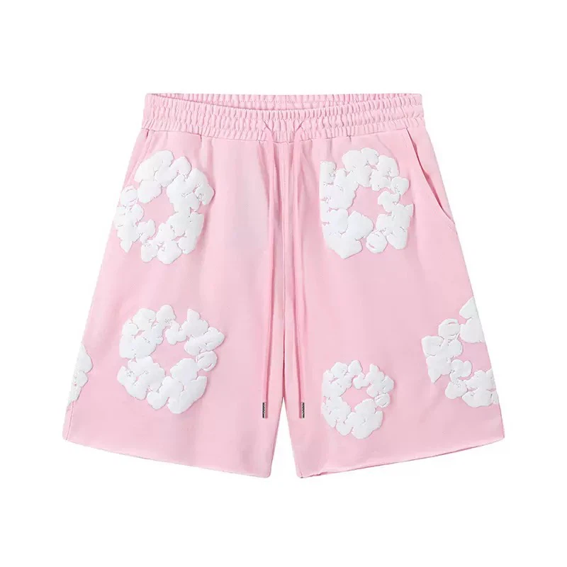 3D Foam Floral Wreath Print Sweat Shorts, Unisex Elastic Waist Loose Casual Streetwear Cotton Knit Shorts With Side Pockets Multiple Colors