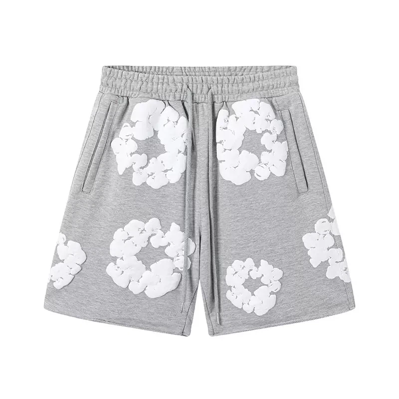 3D Foam Floral Wreath Print Sweat Shorts, Unisex Elastic Waist Loose Casual Streetwear Cotton Knit Shorts With Side Pockets Multiple Colors