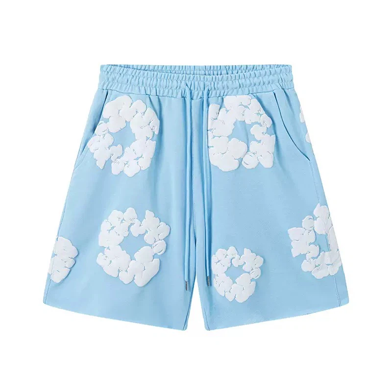 3D Foam Floral Wreath Print Sweat Shorts, Unisex Elastic Waist Loose Casual Streetwear Cotton Knit Shorts With Side Pockets Multiple Colors