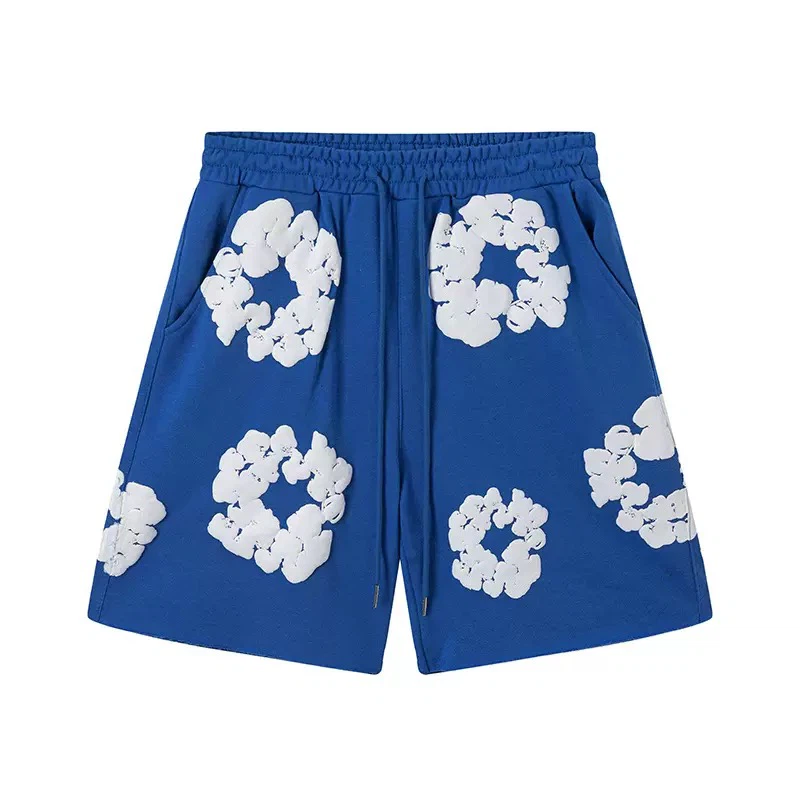 3D Foam Floral Wreath Print Sweat Shorts, Unisex Elastic Waist Loose Casual Streetwear Cotton Knit Shorts With Side Pockets Multiple Colors