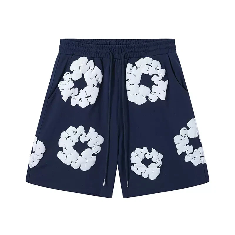 3D Foam Floral Wreath Print Sweat Shorts, Unisex Elastic Waist Loose Casual Streetwear Cotton Knit Shorts With Side Pockets Multiple Colors
