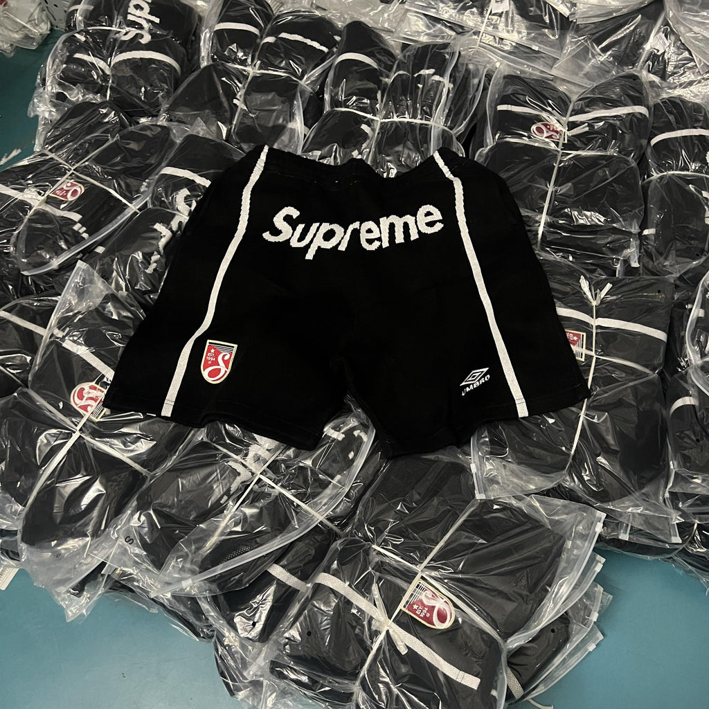 This is the Supreme × Umbro collaborative SS25 knit soccer shorts