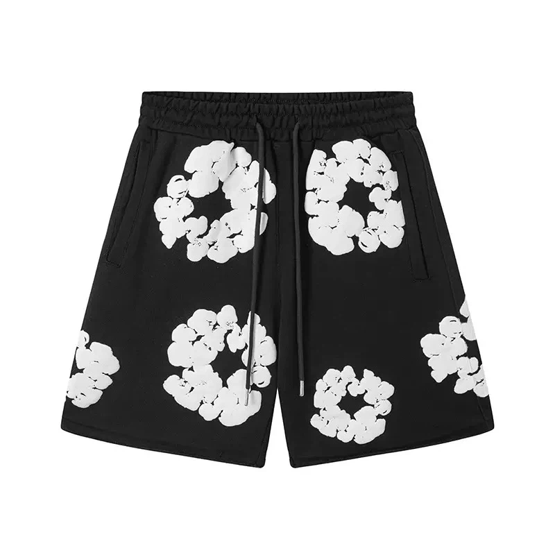 3D Foam Floral Wreath Print Sweat Shorts, Unisex Elastic Waist Loose Casual Streetwear Cotton Knit Shorts With Side Pockets Multiple Colors