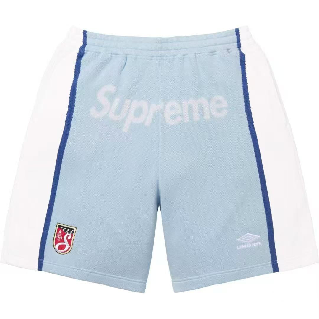 This is the Supreme × Umbro collaborative SS25 knit soccer shorts