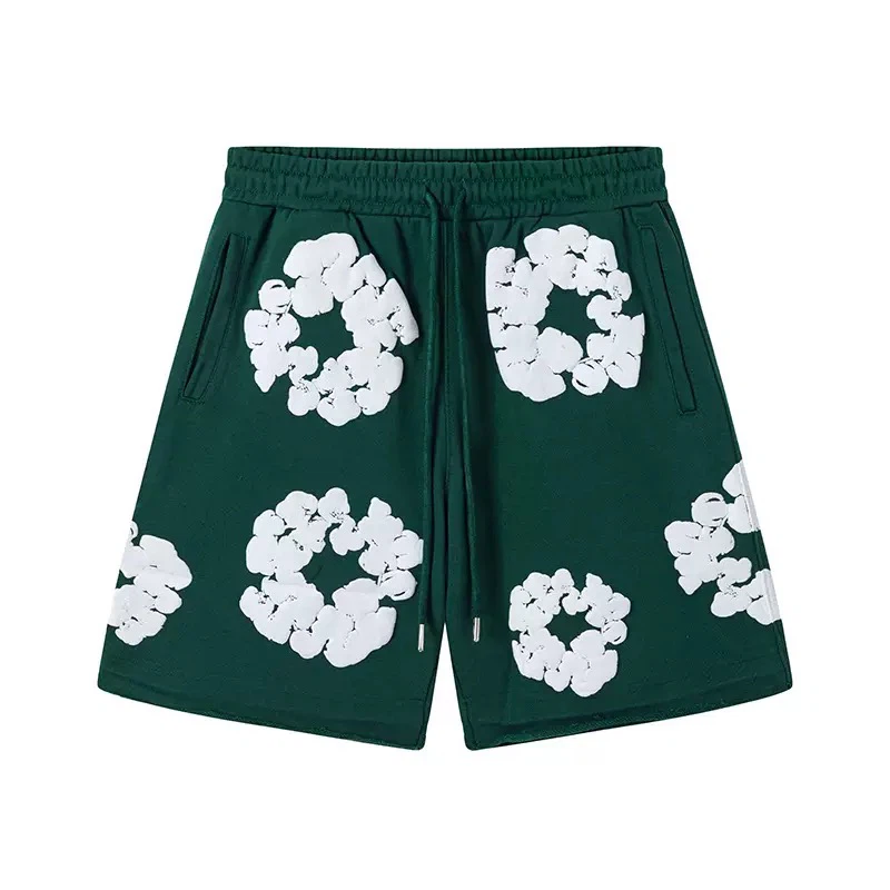 3D Foam Floral Wreath Print Sweat Shorts, Unisex Elastic Waist Loose Casual Streetwear Cotton Knit Shorts With Side Pockets Multiple Colors
