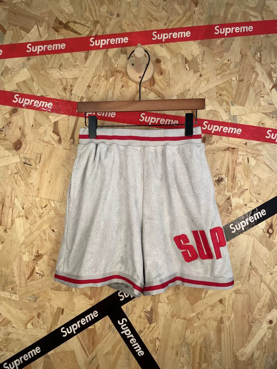 Mesh Basketball Shorts, Unisex Embroidered Letter Striped Trim Loose Streetwear Sport Shorts With Pockets