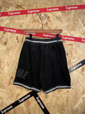 Mesh Basketball Shorts, Unisex Embroidered Letter Striped Trim Loose Streetwear Sport Shorts With Pockets