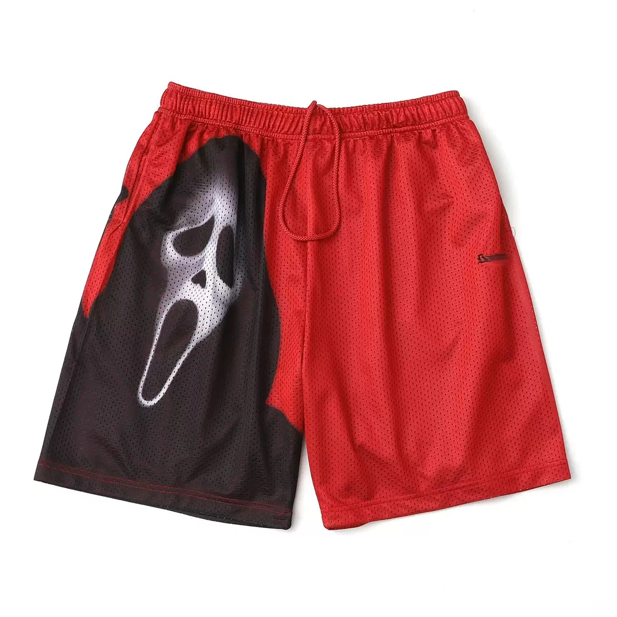 Ghost Face Print Mesh Shorts, Drawstring Elastic Waist Streetwear Casual Sports Shorts With Embroidered Logo