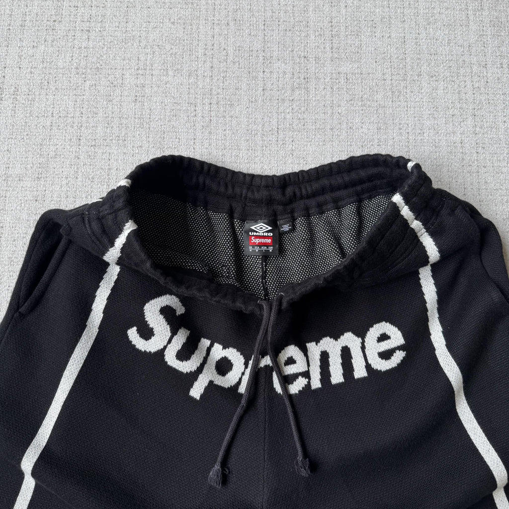 This is the Supreme × Umbro collaborative SS25 knit soccer shorts