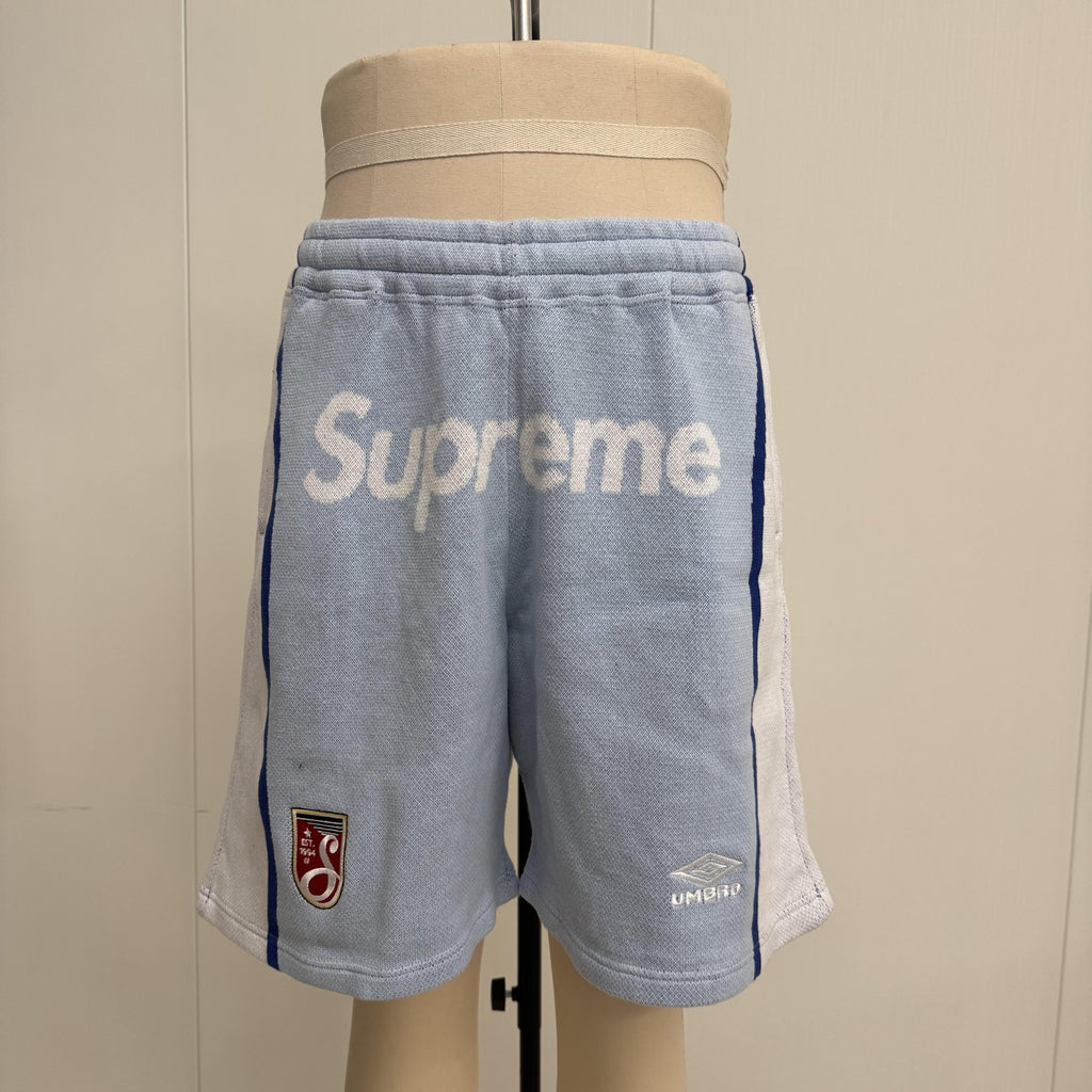 This is the Supreme × Umbro collaborative SS25 knit soccer shorts
