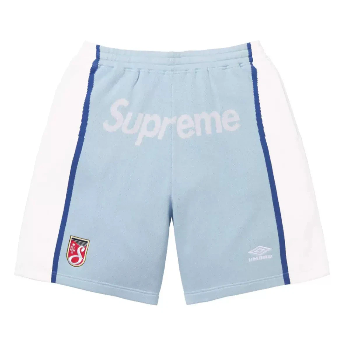 This is the Supreme × Umbro collaborative SS25 knit soccer shorts