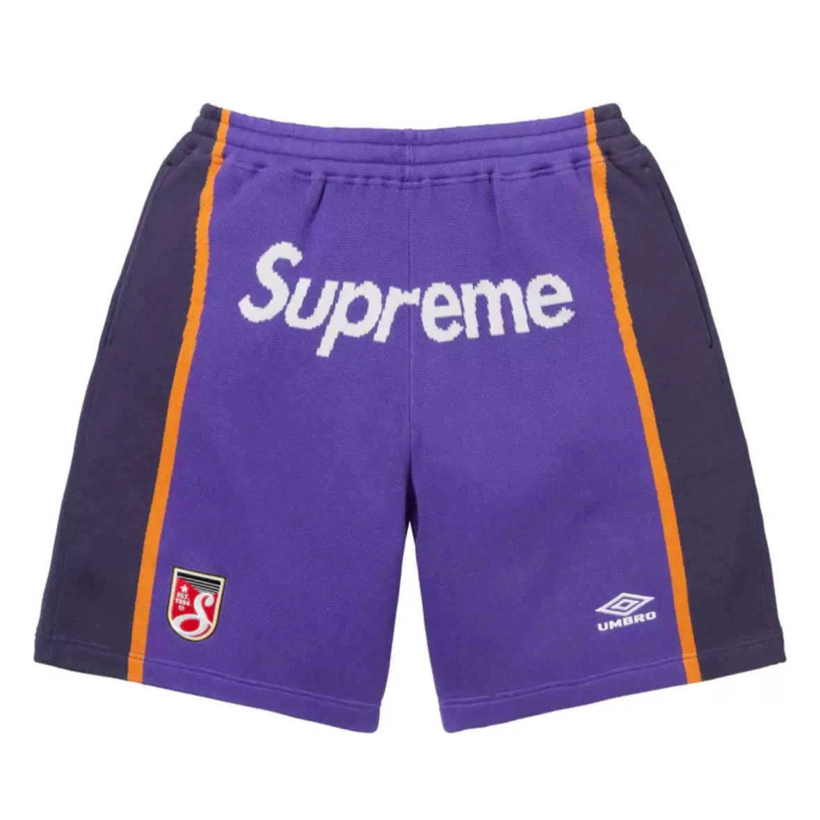 This is the Supreme × Umbro collaborative SS25 knit soccer shorts