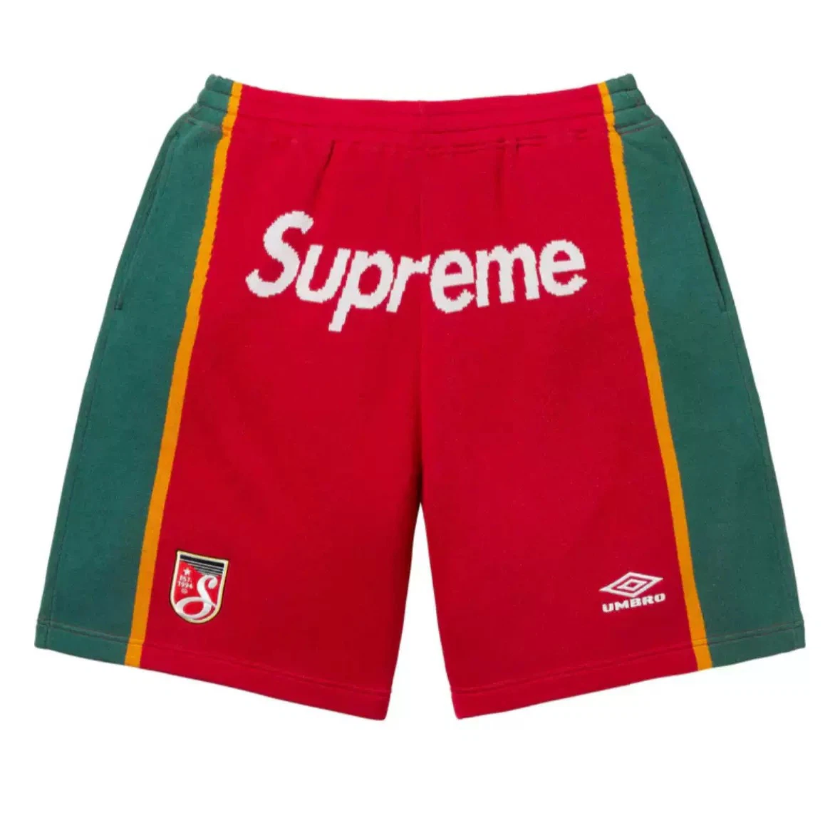 This is the Supreme × Umbro collaborative SS25 knit soccer shorts