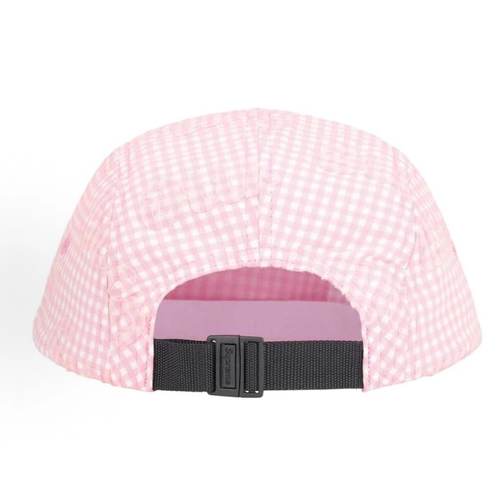Gingham Print 5 Panel Camp Cap, Pink White Checkered Street Hat Adjustable Strap