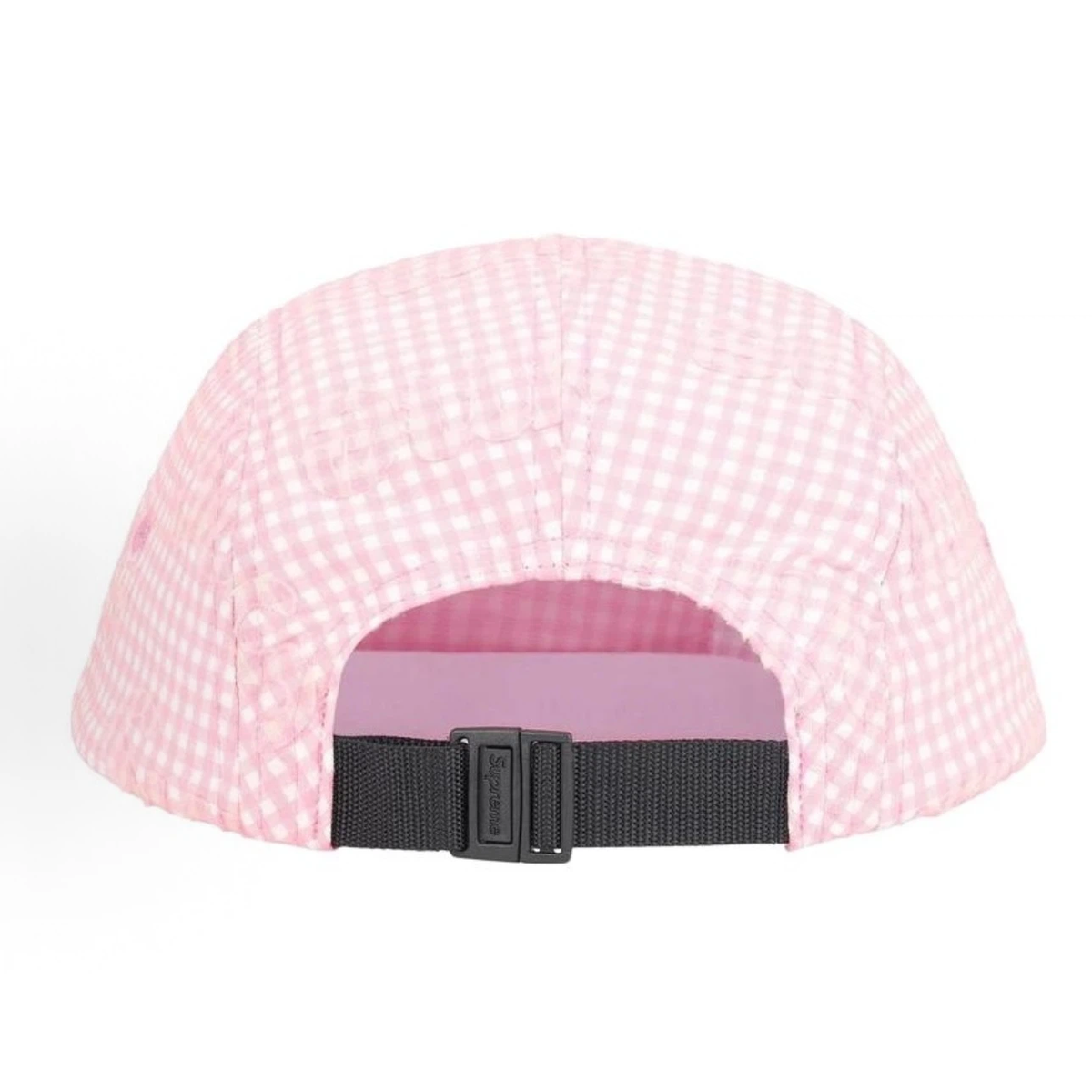 Gingham Print 5 Panel Camp Cap, Pink White Checkered Street Hat Adjustable Strap