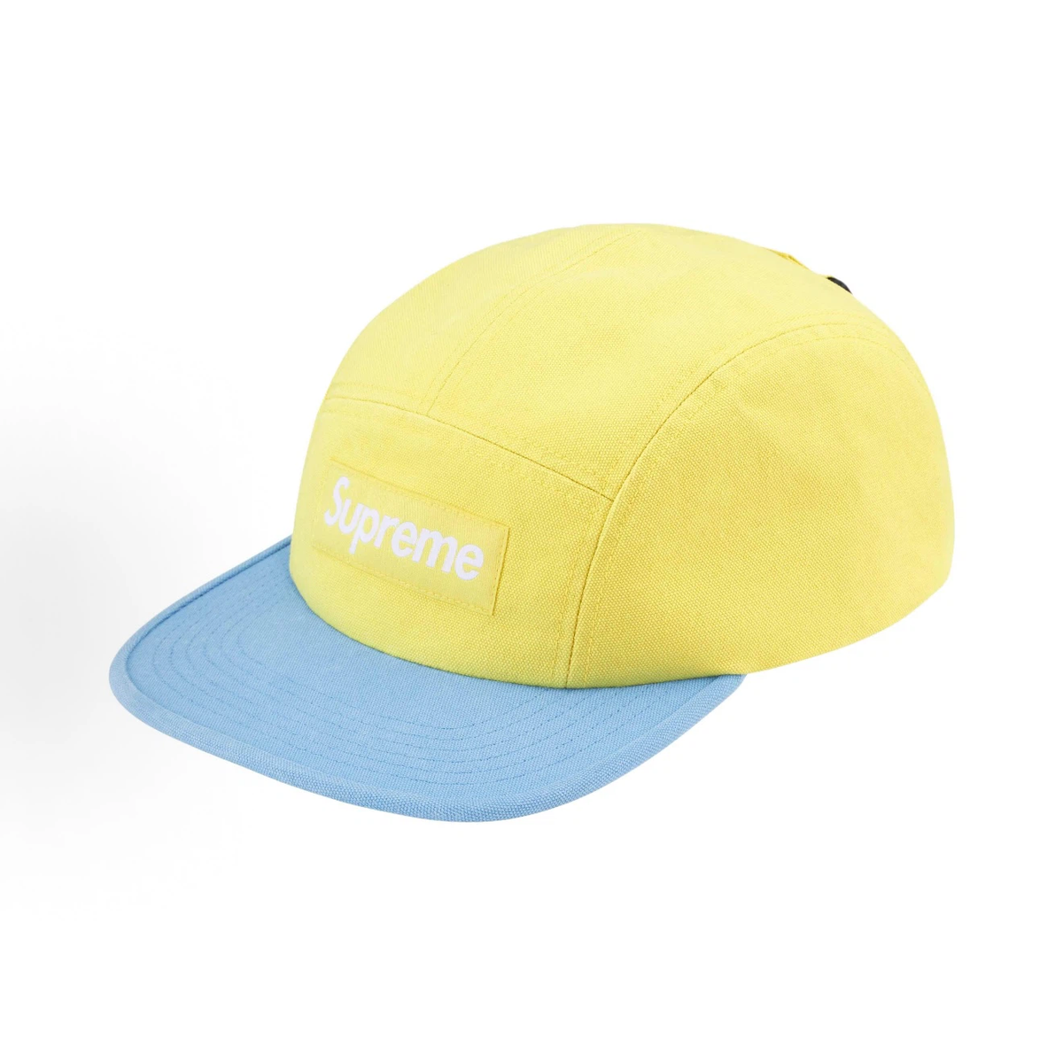 Supreme Ventile Canvas Camp Cap, Yellow & Light Blue 5 Panel Hat Box Logo Adjustable Strap