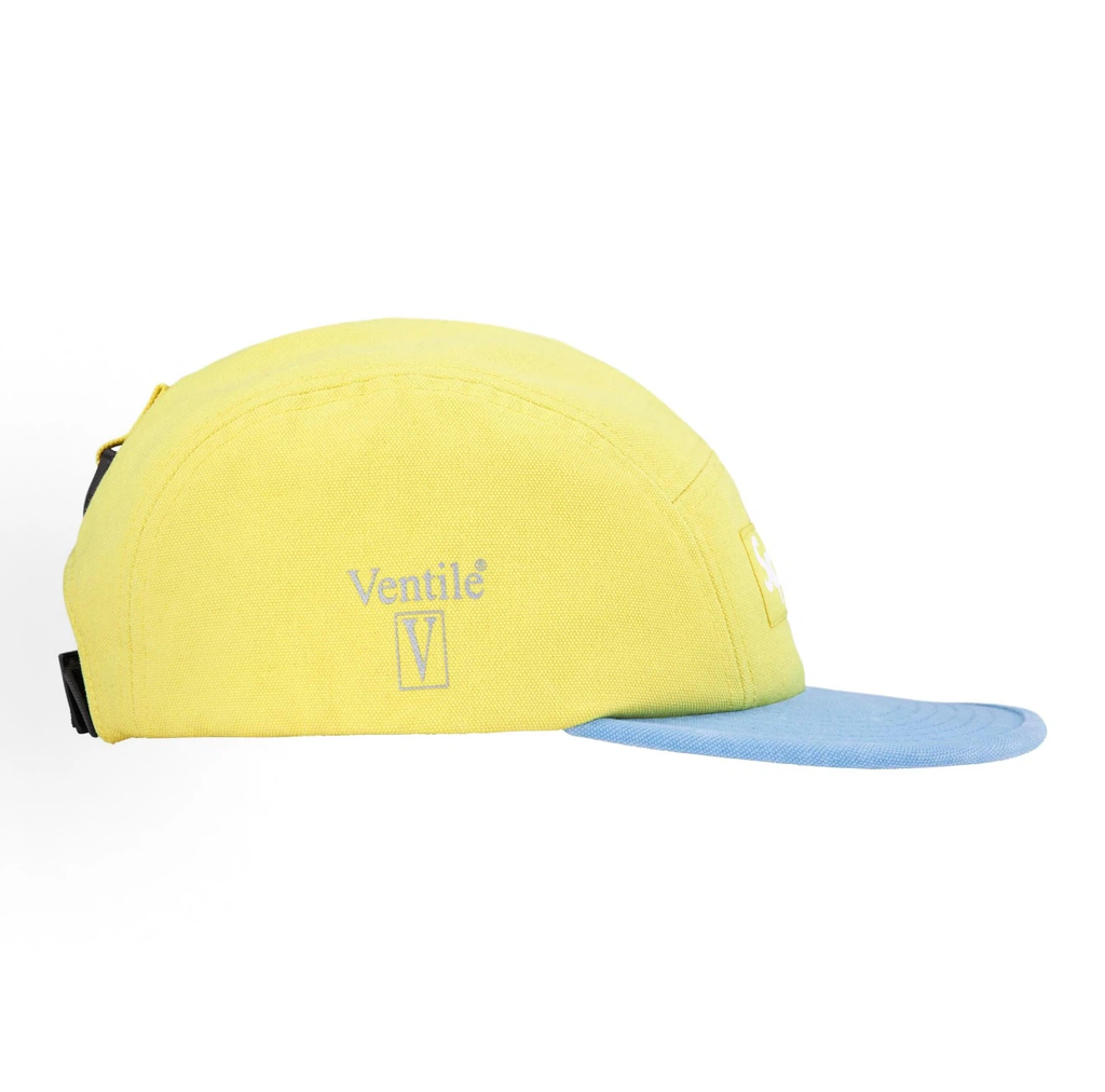 Supreme Ventile Canvas Camp Cap, Yellow & Light Blue 5 Panel Hat Box Logo Adjustable Strap