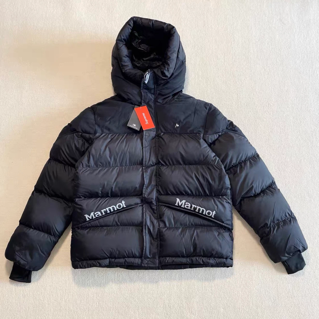 Supreme x Marmot Collab Black Hooded Puffer Jacket Men Winter Warm Outdoor Ski Down Coat