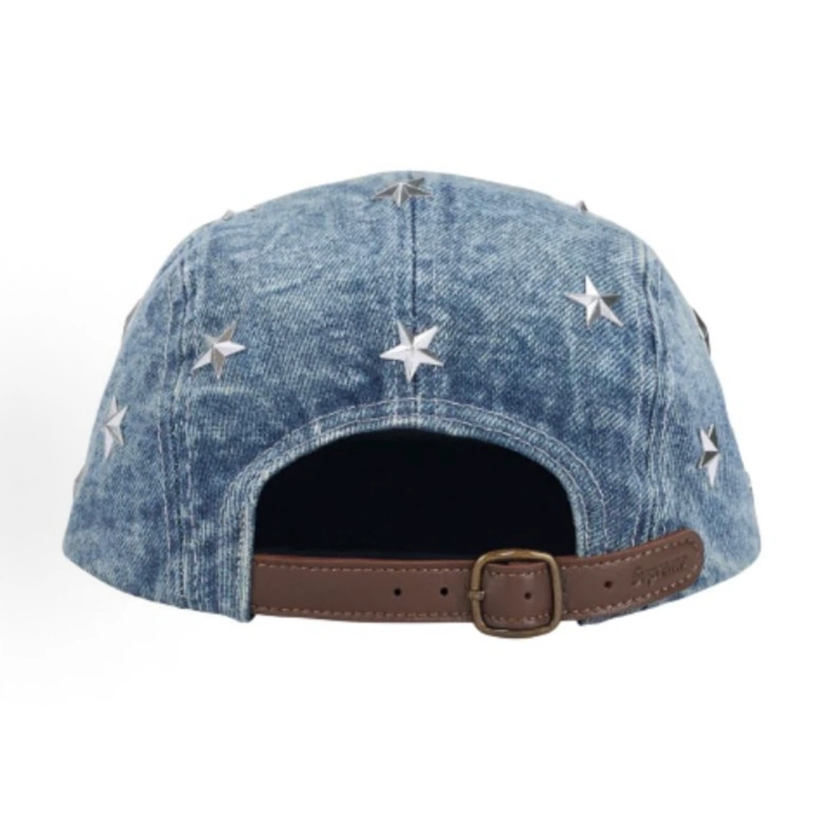 Star Studded Denim 5 Panel Camp Cap, Vintage Washed Jean Street Hat with Leather Strap