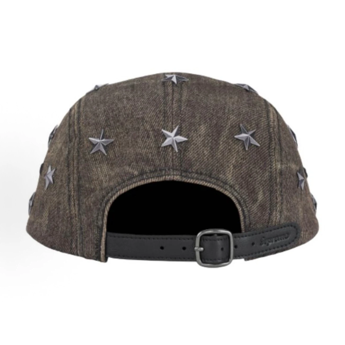 Star Studded Vintage Washed Denim 5 Panel Camp Cap, Brown Street Hat with Leather Strap