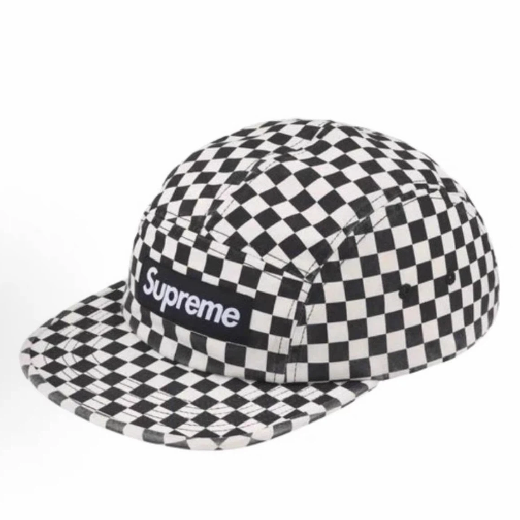 Black and White Checkerboard Print 5 Panel Camp Cap, Streetwear Hat with Leather Strap