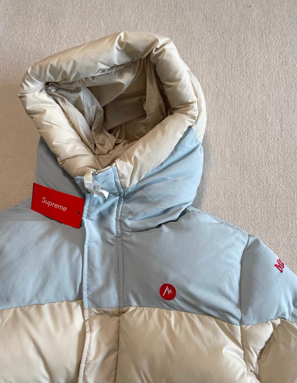 Supreme x Marmot Collab Hooded Puffer Jacket, Color Block Winter Warm Down Coat for Men Outdoor Ski Snow Jacket