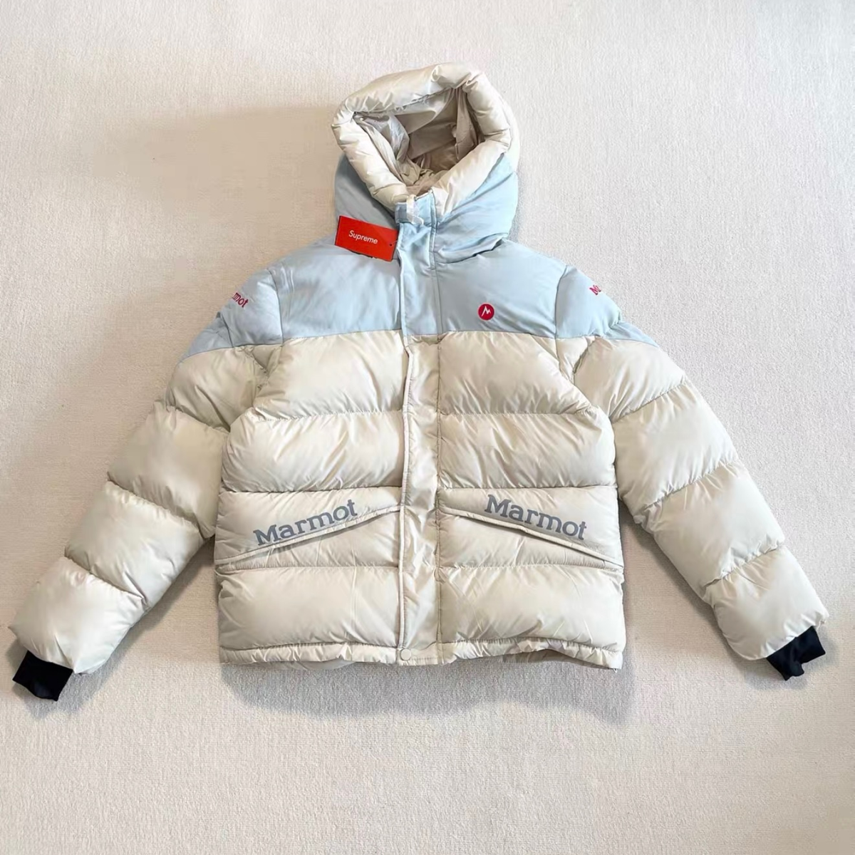 Supreme x Marmot Collab Hooded Puffer Jacket, Color Block Winter Warm Down Coat for Men Outdoor Ski Snow Jacket