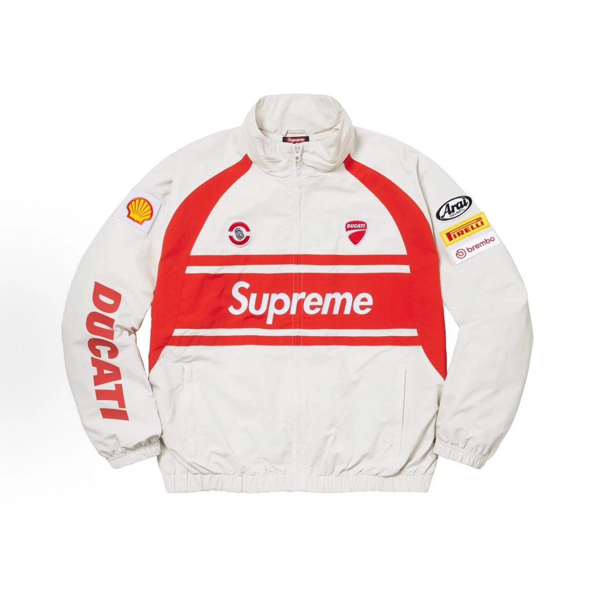 Off‑White Red Moto Racing Style Zip‑Up Windbreaker Jacket