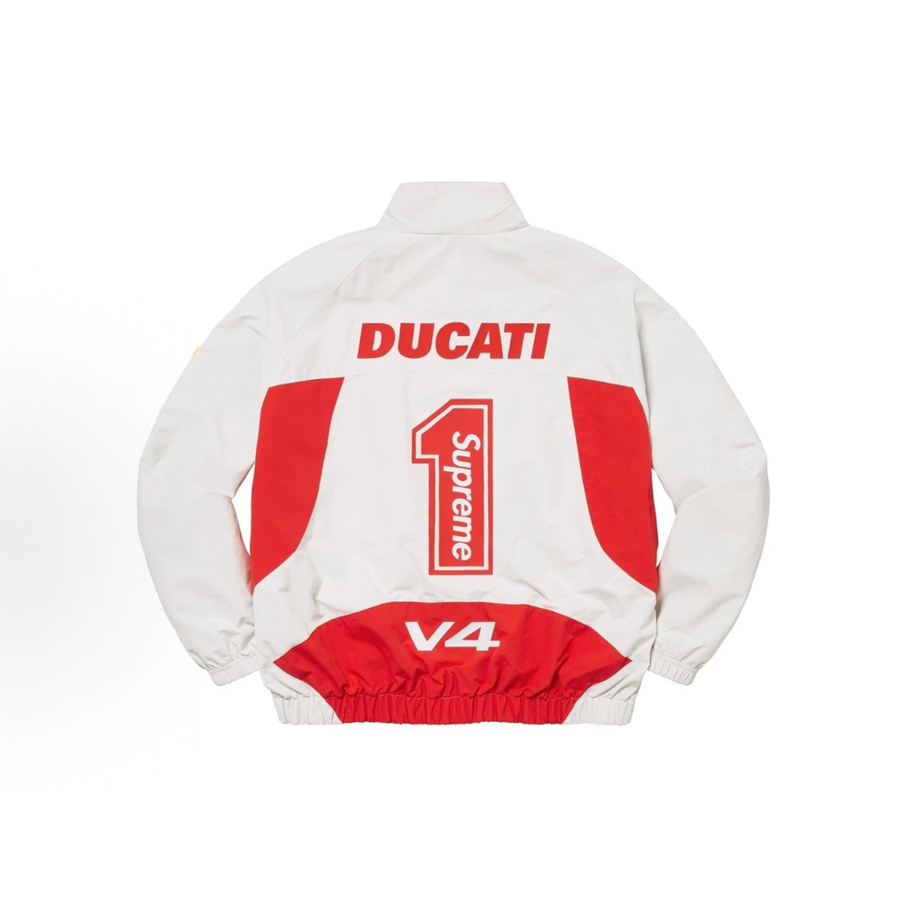 Off‑White Red Moto Racing Style Zip‑Up Windbreaker Jacket