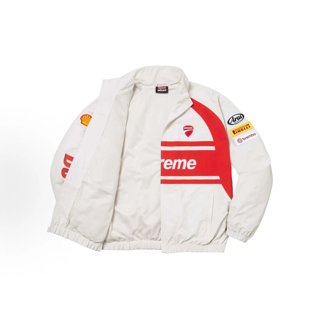 Off‑White Red Moto Racing Style Zip‑Up Windbreaker Jacket