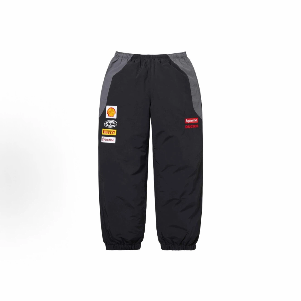 Black‑Grey Moto Racing Style Elastic Waist Track Jogger Pants