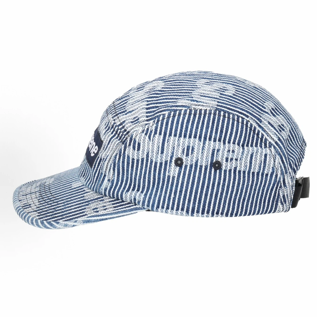 Denim Jacquard 5 Panel Camp Cap, Blue Stripe Logo Street Hat Adjustable Strap