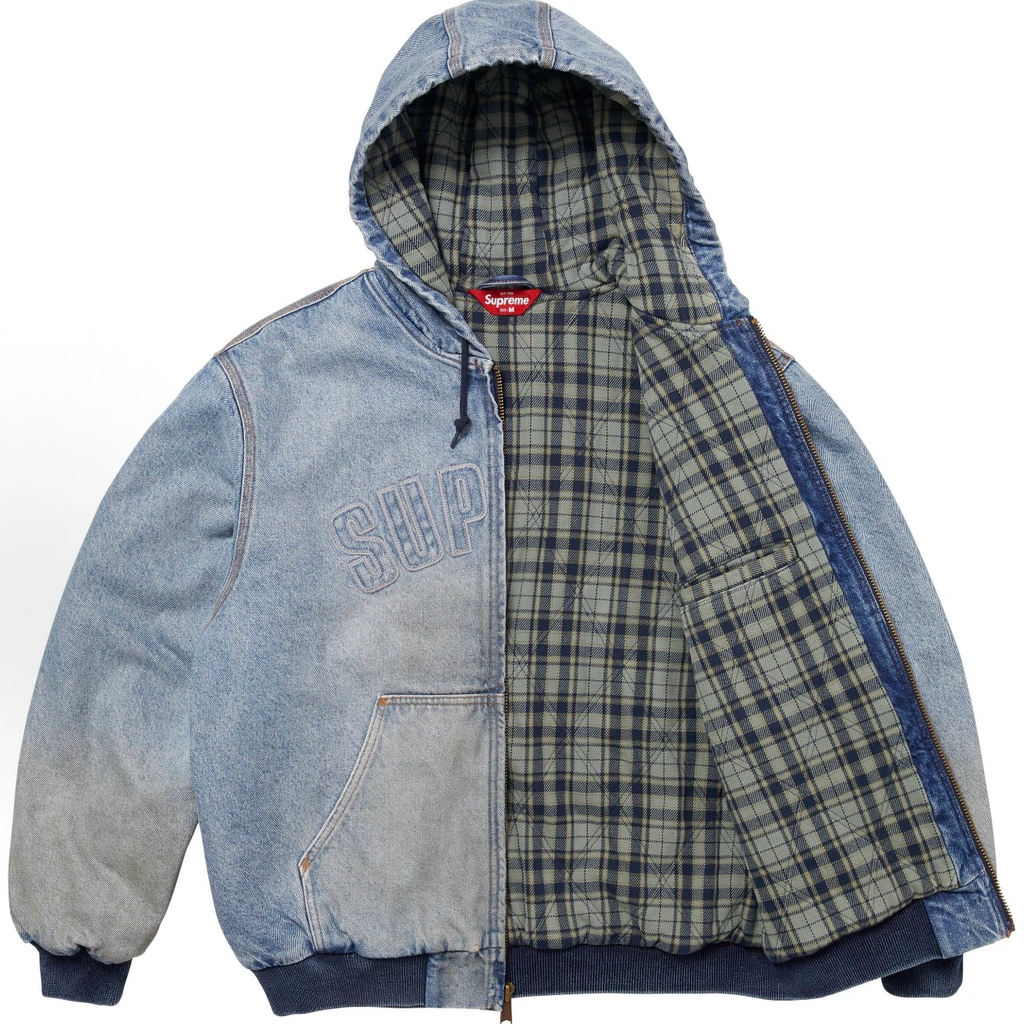 Vintage Washed Gradient Denim Hooded Padded Jacket