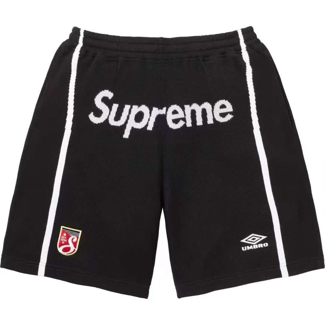This is the Supreme × Umbro collaborative SS25 knit soccer shorts