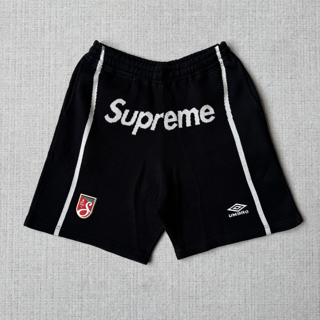 This is the Supreme × Umbro collaborative SS25 knit soccer shorts