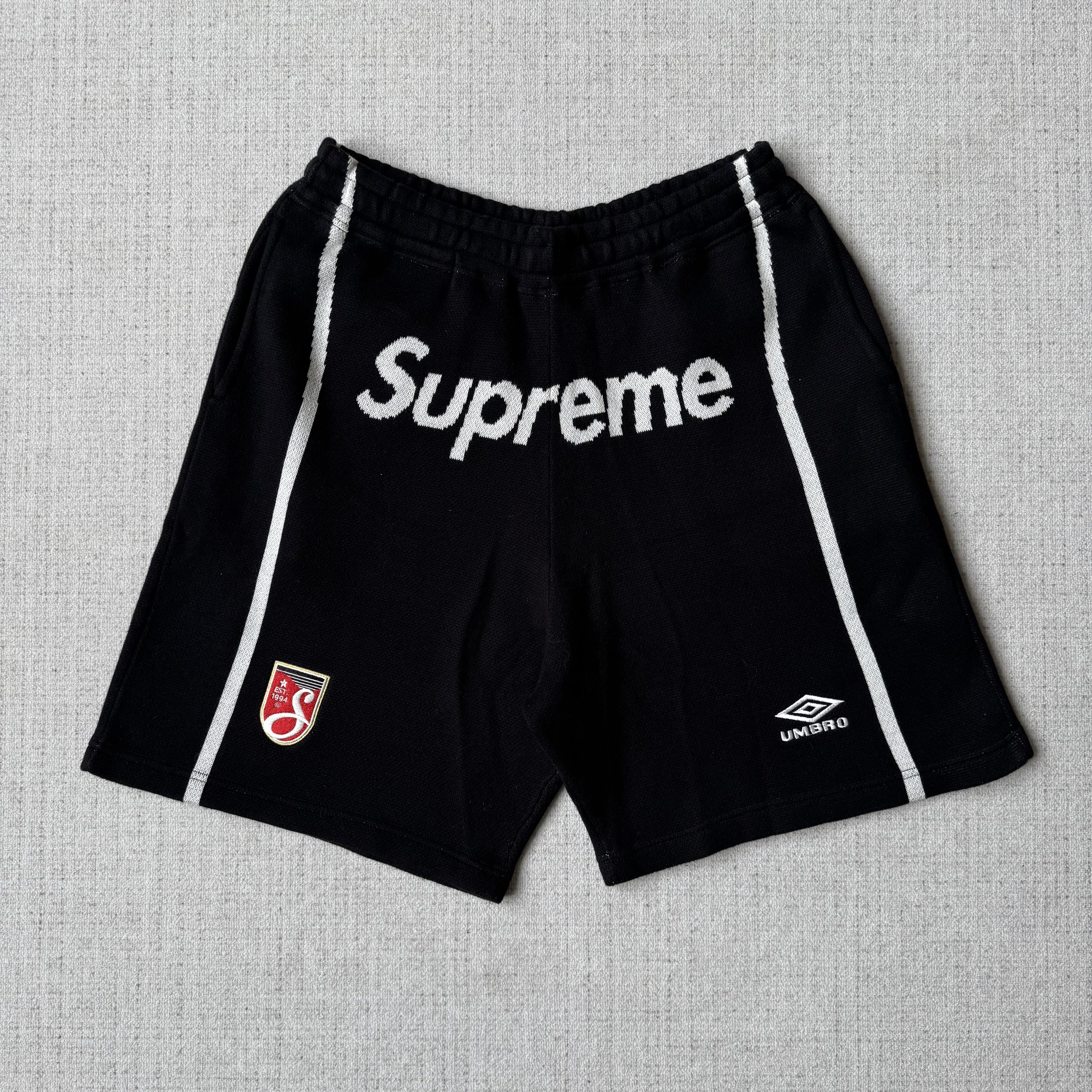 This is the Supreme × Umbro collaborative SS25 knit soccer shorts