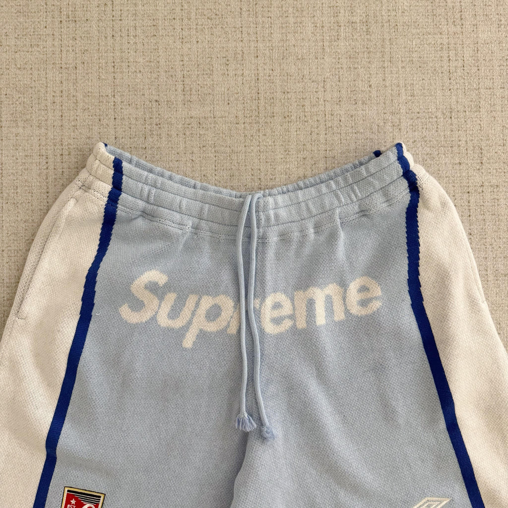 This is the Supreme × Umbro collaborative SS25 knit soccer shorts