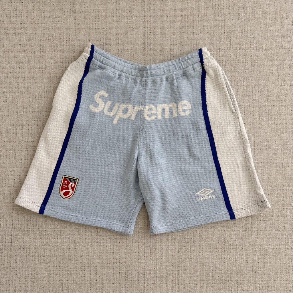 This is the Supreme × Umbro collaborative SS25 knit soccer shorts