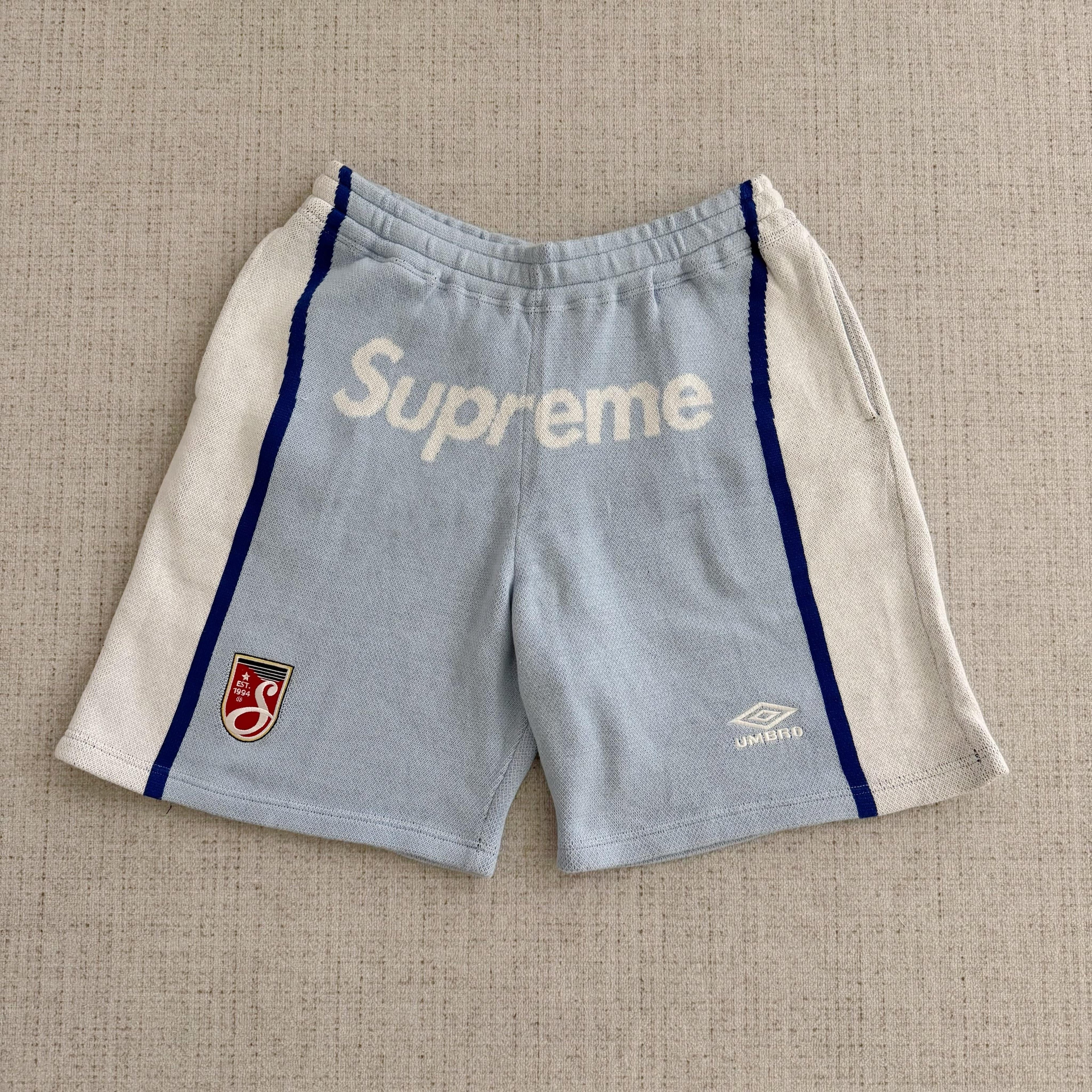This is the Supreme × Umbro collaborative SS25 knit soccer shorts
